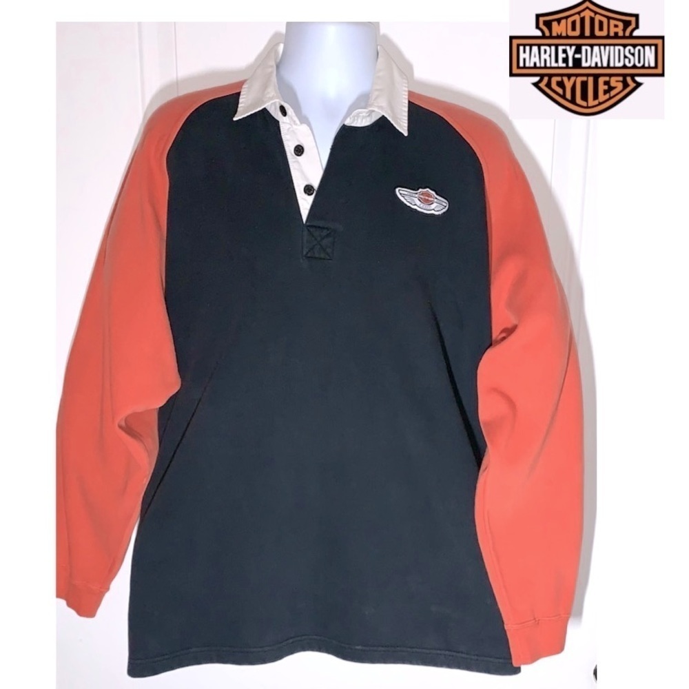 Harley Davidson orange and navy blue 100th anniversary rugby Polo Shirt Men’s